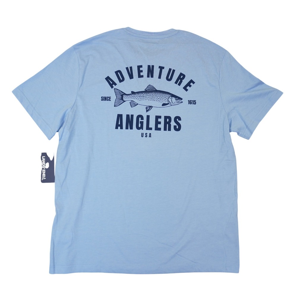 Lands End T-Shirt Mens L Light Blue Adventure Anglers Fishing Graphic Cotton